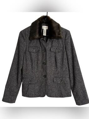 Liz Claiborne Faux Fur Collared Blazer Women Size 6 Gray Marled Lined Villager